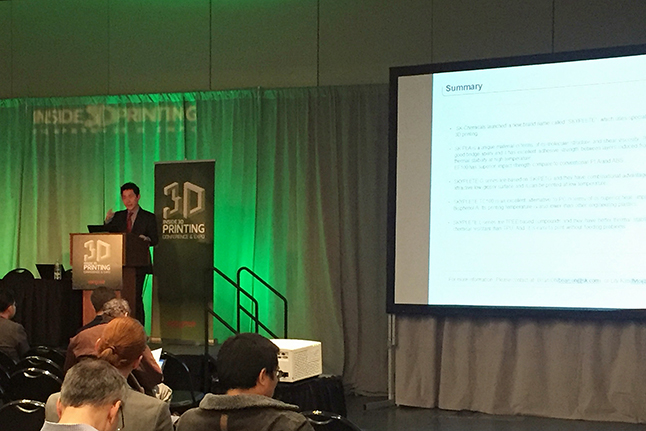 Jun-seok Oh (Business Development Manager) of SK chemicals introducing SKYPLETE at Inside 3D Printing Conference & Expo.